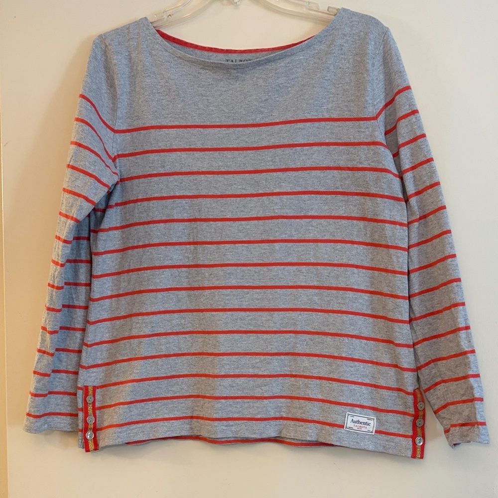 Talbots Women’s Gray Classic Boatneck Striped Long Sleeve Top with Coral Trim, M - Picture 1 of 4